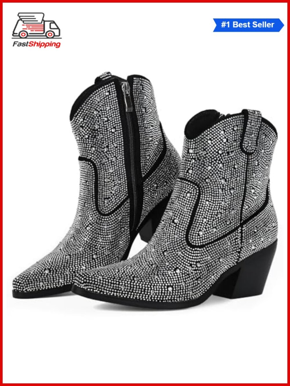 Rhinestone Cowboy Boots Glitter Chunky Heel Sparkly Cowgirl Ankle Boots
